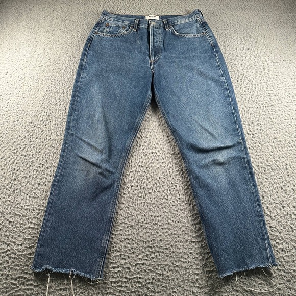 Agolde Denim - AGOLDE Jeans Womens 28 Riley Crop High Rise Button Fly Raw Hem Blue Denim Casual